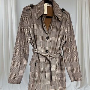 Solitaire Plaid Trench Coat in Brown and Cream sz L NWT